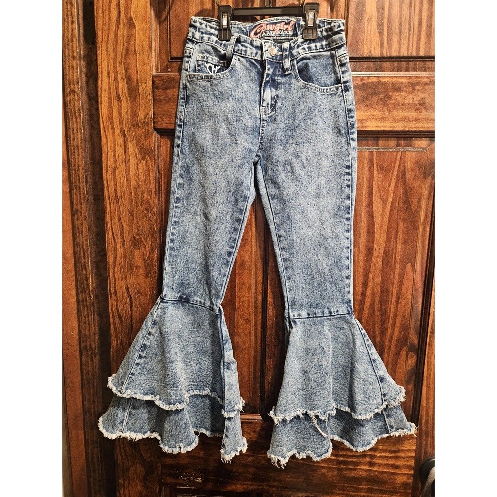 Cowgirl Hardware 7 Acid Washed Flare Western Denim Girl Jeans Adjustable Waist